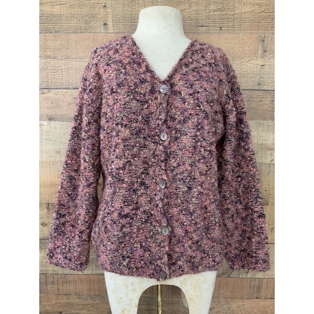 Harley of Scotland Women’s Merino Wool Mohair Nubby Cardigan Pink Cottage Farm M